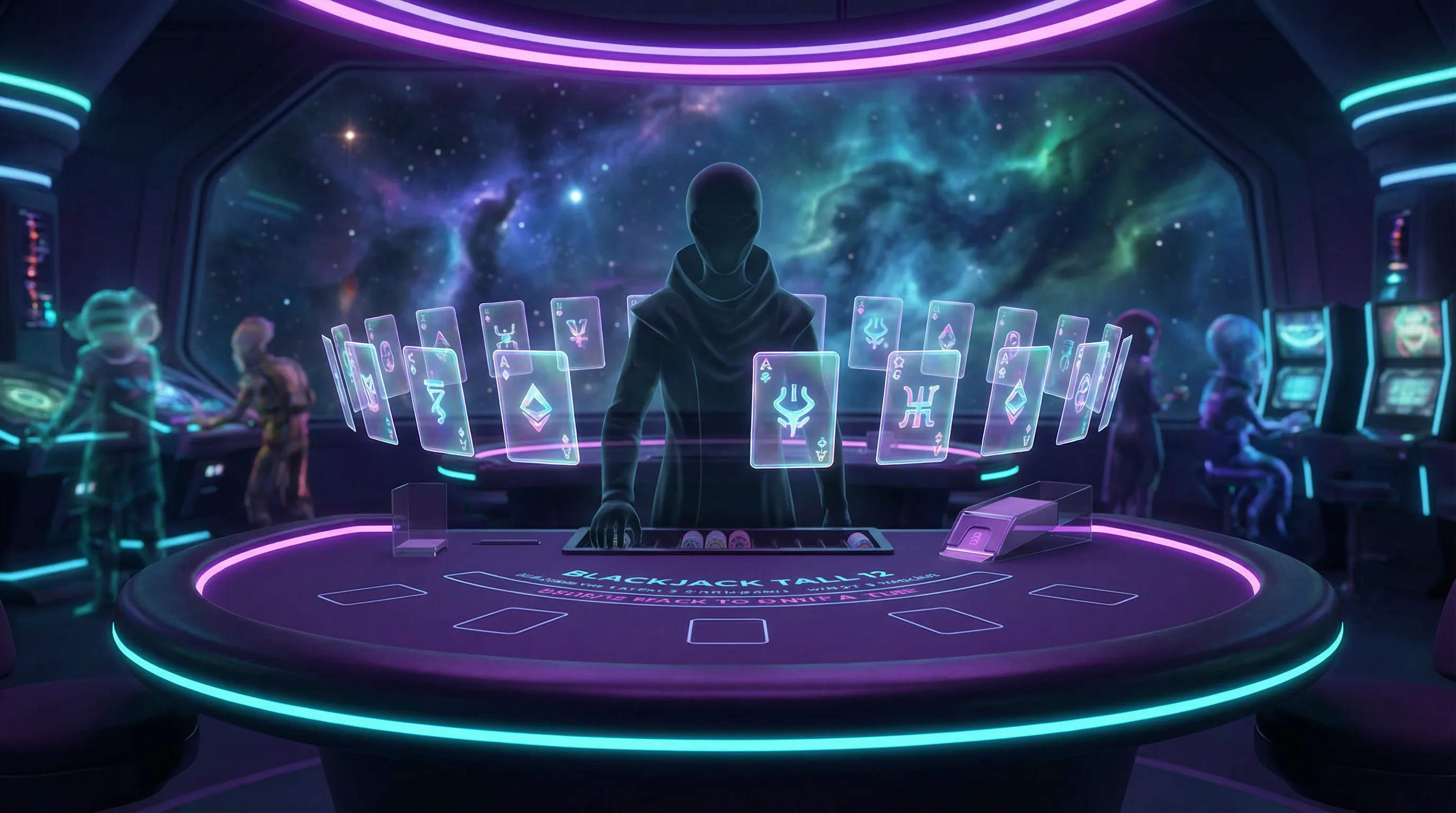 Mesa de Blackjack futurista com cartas holográficas no gbgbet