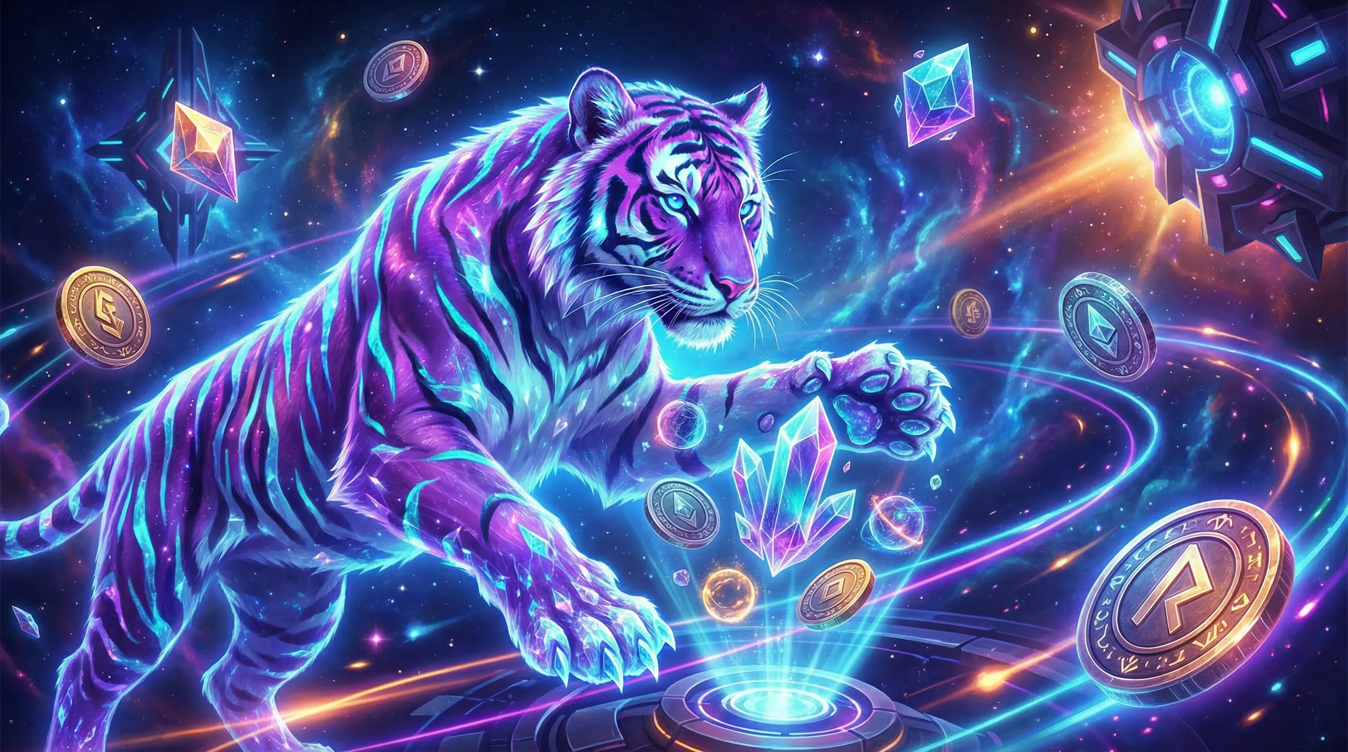 Tigre cósmico com moedas e cristais flutuantes no gbgbet